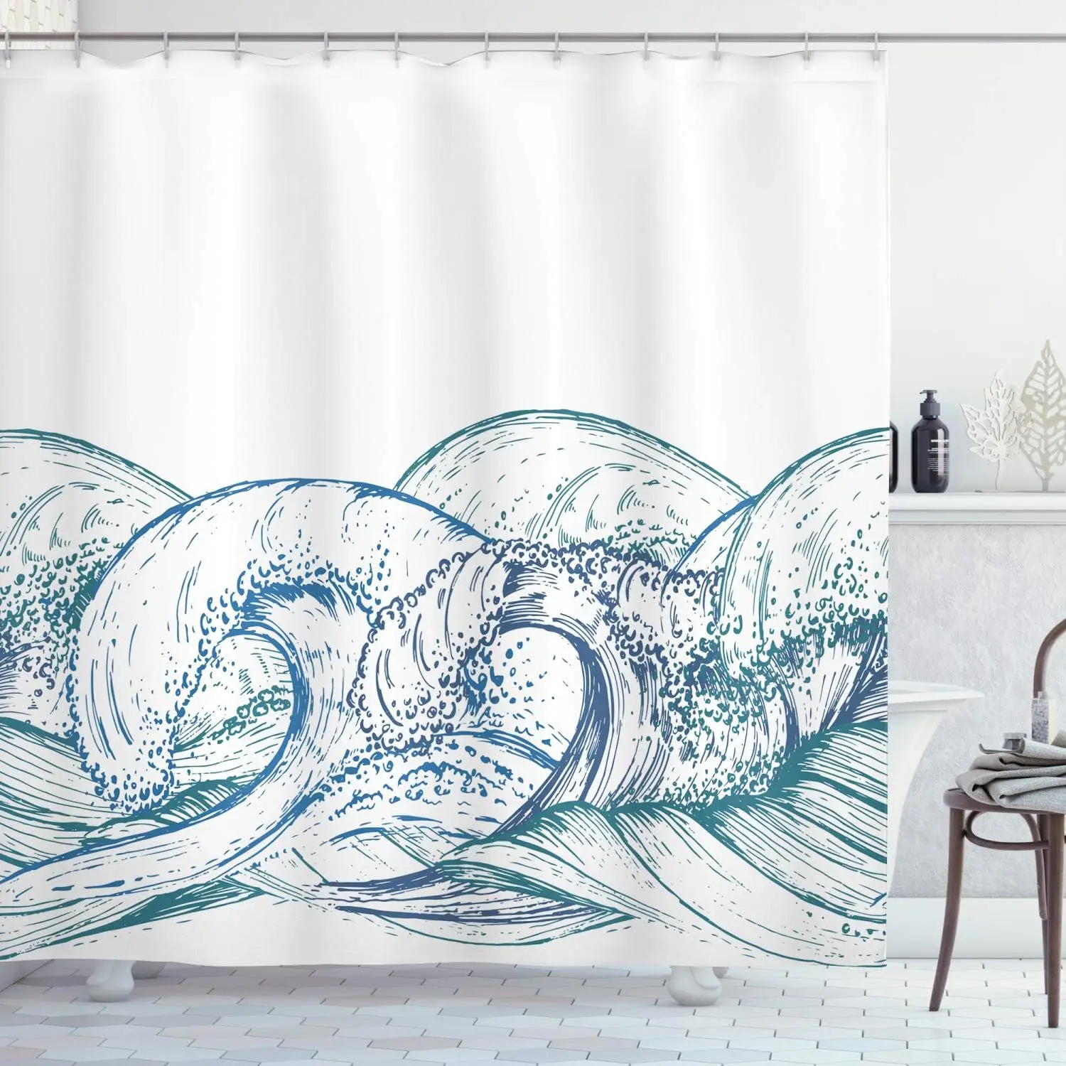 

Wave Pattern Shower Curtain Ocean Design Blue Water Art Nautical Theme Bath Decor Waterproof Fabric Coastal Style Home