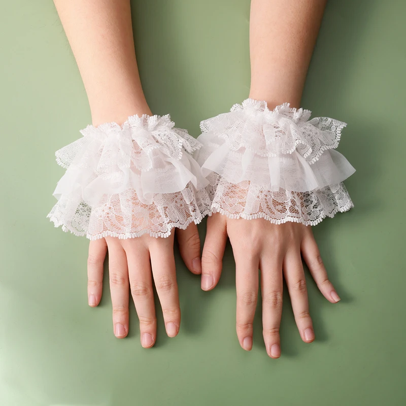 Mangas falsas de encaje multicapa cortas para niña, decoración con volantes, muñequeras sin dedos, guantes de novia para boda, pulsera de disfraz de sirvienta