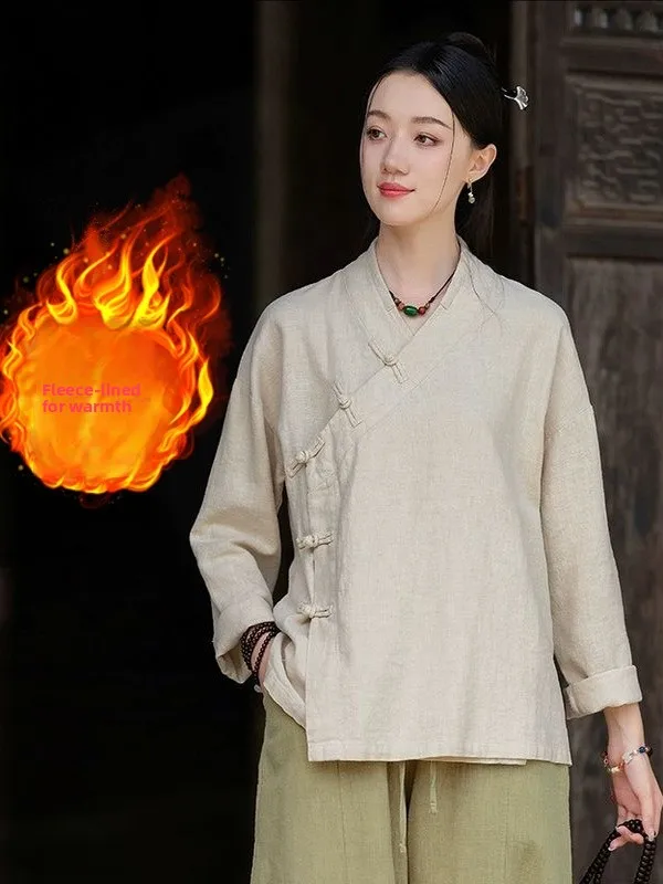 

Thiened Cotton Linen irt Jaet Women's Autumn Winter Zen Meditation Outerwear Set Long Sve V-Ne Traditional Chinese...