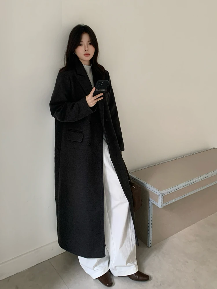 

Ele Long Woolen Coat oulder Line Fitted High Rise Women's Faion 2025 Winter Commute Sle Single Button Closure