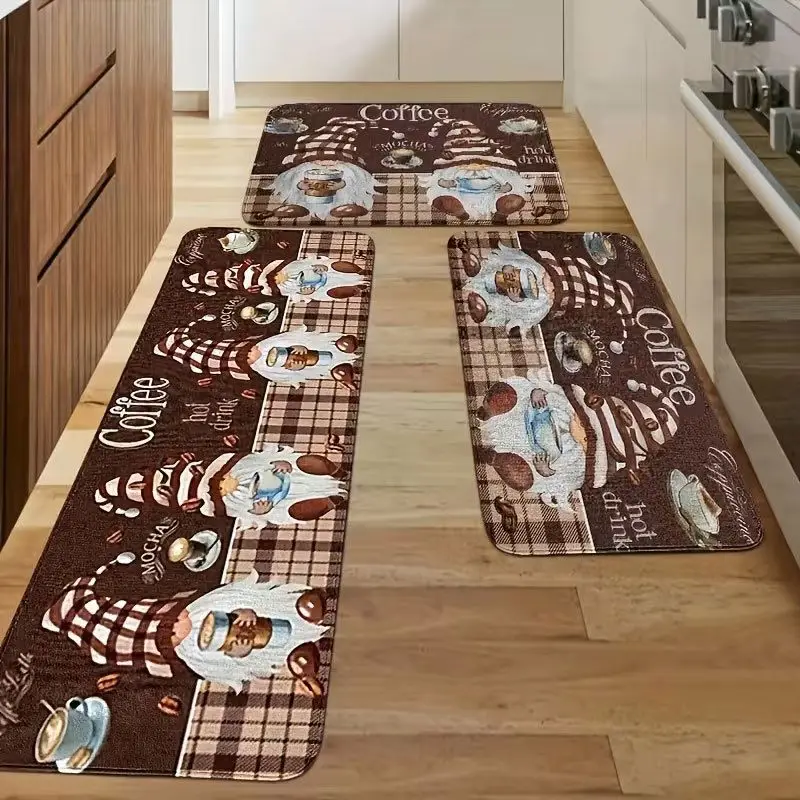 VIKAMA Coffee Gnome Kitchen Mat Set Non Slip Absorbent Floor Rug Coffee Bean Cup Pattern Cafe Bar Counter Runner Mat Kitchen