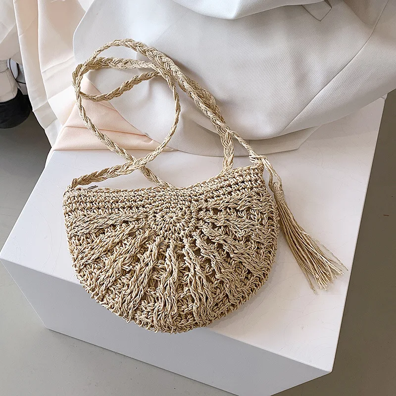 Mode Halbkreis Stroh Gewebt Schulter Umhängetasche Reise Kleine Handtasche Damen Sommer Handgemachte Rattan Quaste Design Strand Tasche – Detail 9
