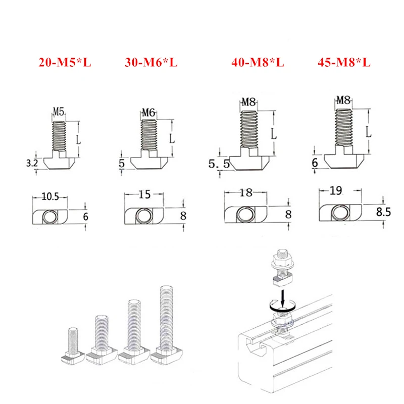 M5 M6 M8 T Hammer Head T Bolt Aluminum Connector T Head Bolts Screws for EU 20/30/40/45 Aluminum Profile T-slot Screw