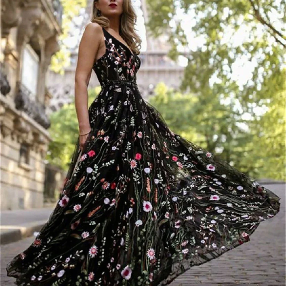 Hete Boho Elegante Jurken Vrouwen Sexy Mouwloze Backless Deep-V Borduurder Bloemenprint Party Maxi-Jurk