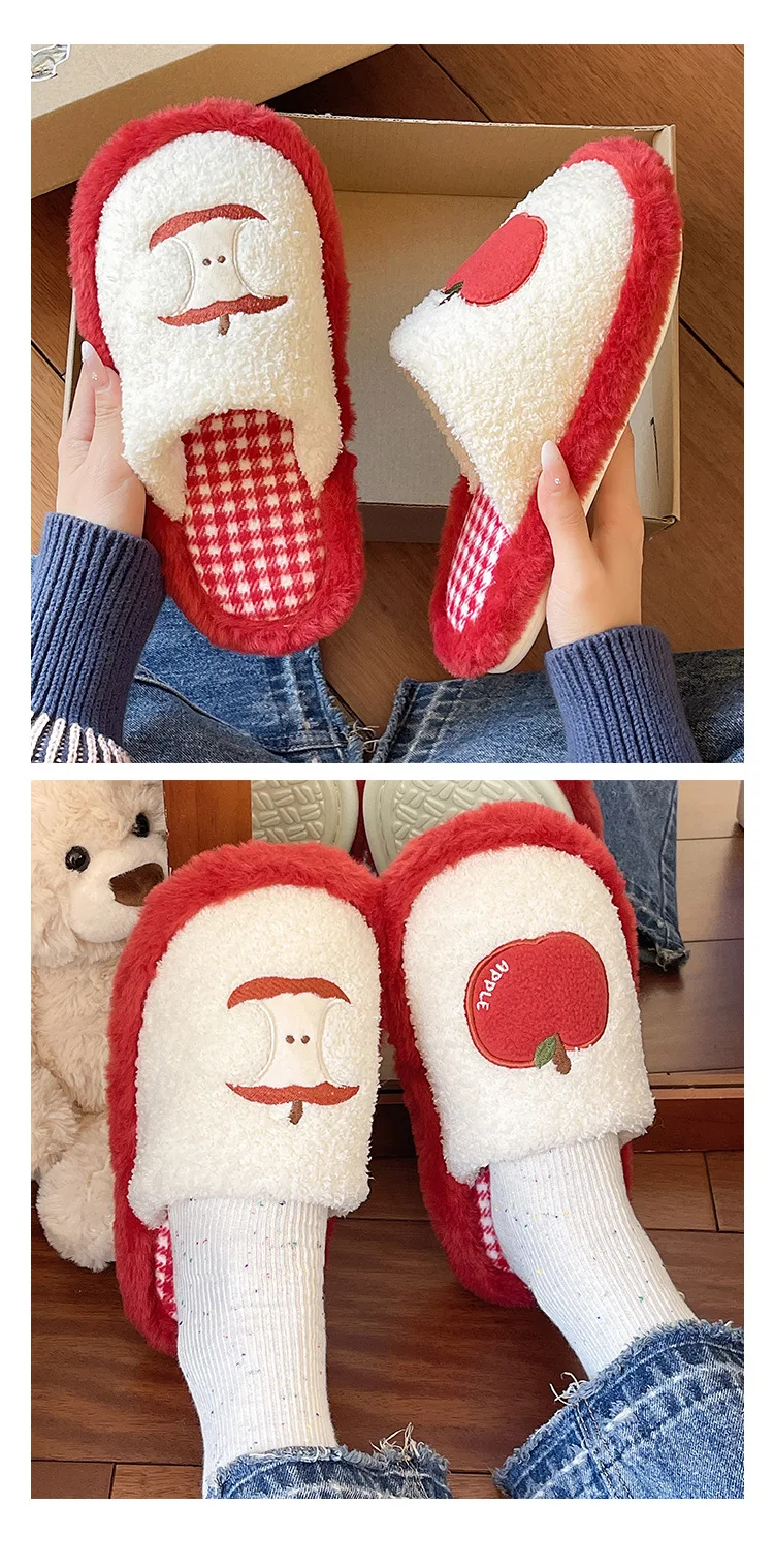 Modische Niedliche Apfel-Plüsch-Hausschuhe Rutschfeste Dicke Sohle Winter-Slides Damen Geräuscharme Freizeitschuhe für Zuhause ﻿ – Detail 6
