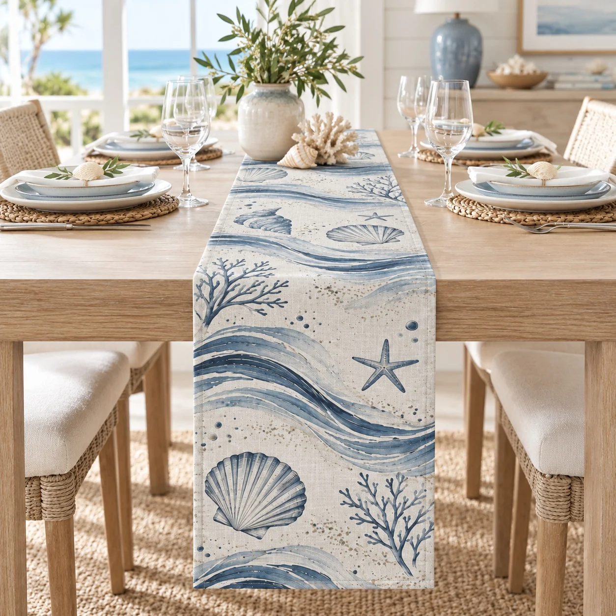 Coastal Ocean Table Runner Blue Wave Shell Starfish Pattern Dining Table Decor Beach Style Home Kitchen Decoration Gift