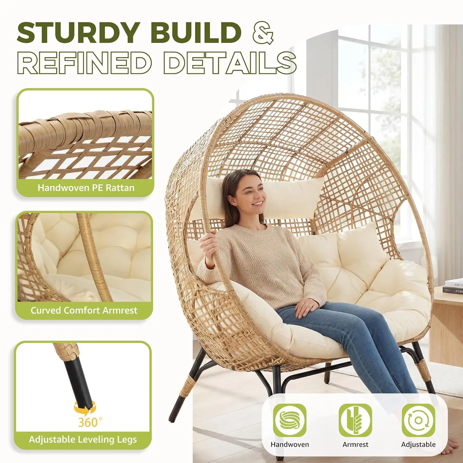 Oversized Double Egg Loveseat 680lb Wicker Rattan Cushioned Patio Balcony Garden Indoor Customized image 6