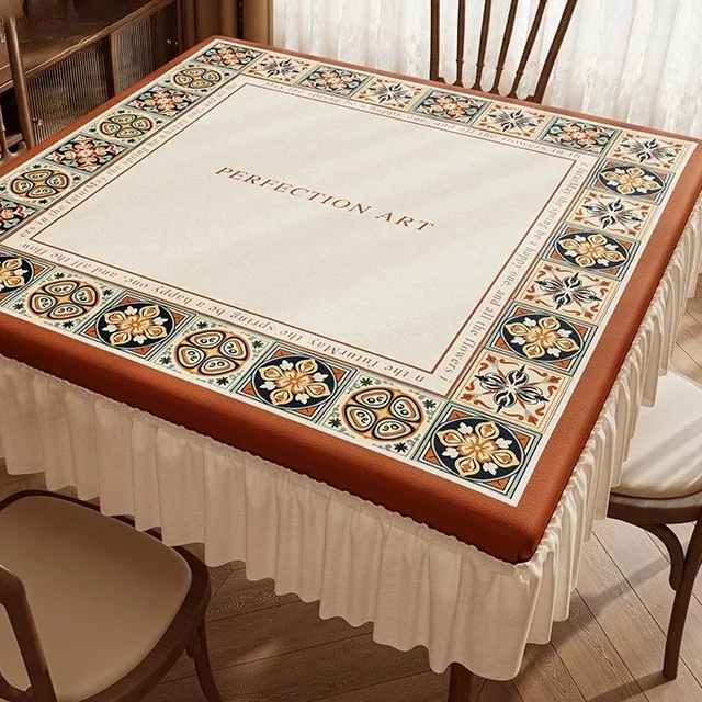 PVC Dining Table Cloth Plastic Waterproof Oil-proof All Around Tea Table Countertop Protective Pad Square with Lace Table Cover