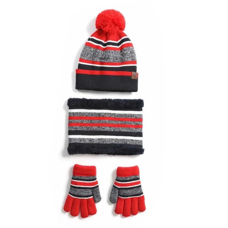 Conjunto luvas gorro inverno para crianças, meninos, meninas, gorro listrado, aquecedor pescoço com forro lã