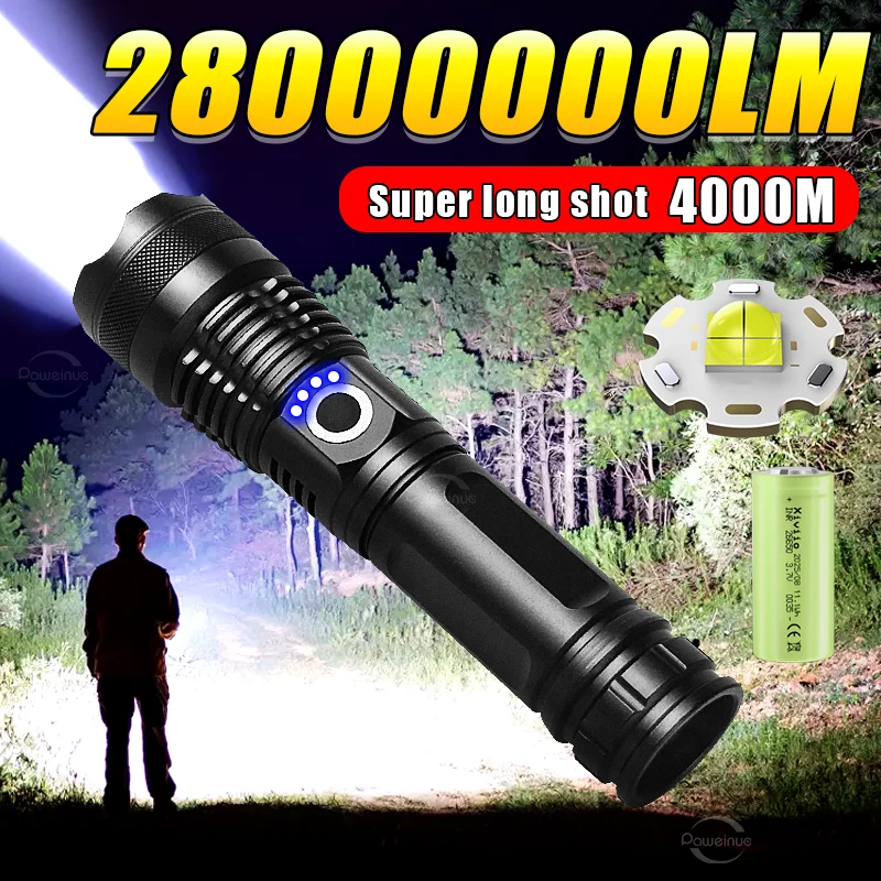 2026 Hight Powful LED Flashlight 28000000LM Ultra Bright Rechargeable Tactical Torch Zoomable Outdoor Fishing Camping Lantern