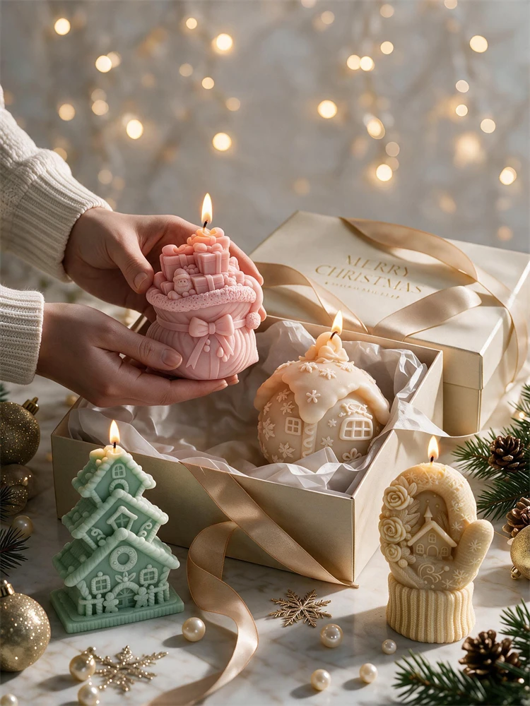 Home Fragrance Gingerbread - クリスマスサンタのギフトボックスシリコンモールド、ニット手袋キャンドルモールド、ジンジャーブレッドハウスコンクリートソープレジンキャスティングモールド
