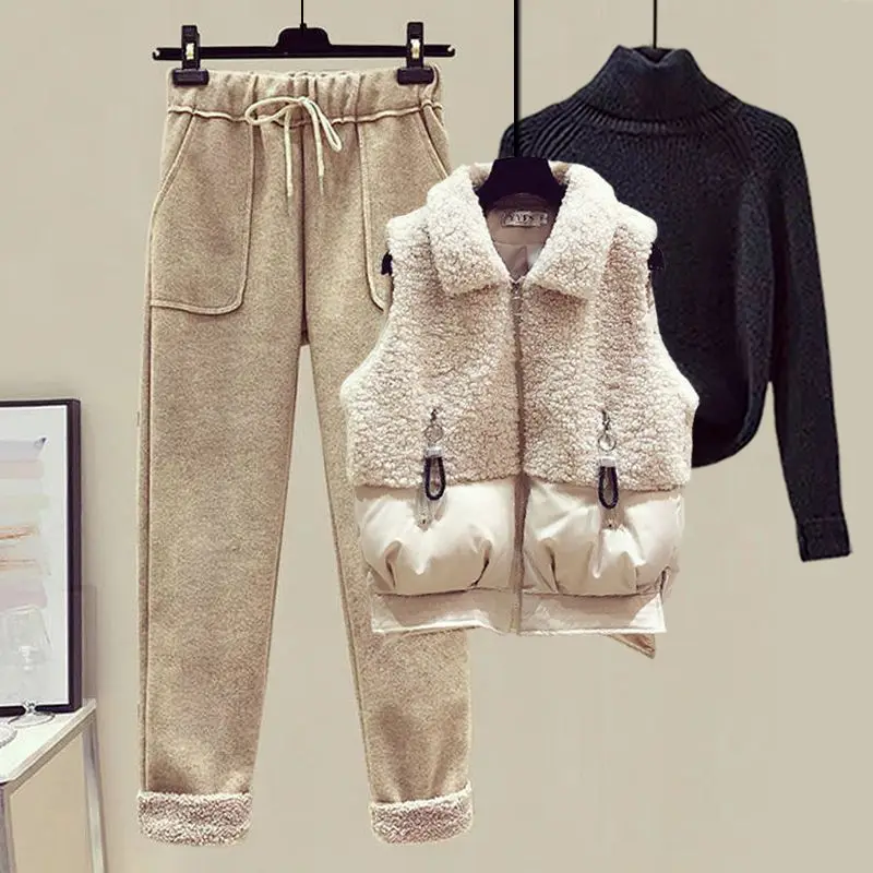 Autumn and Winter Women\'s Suit Lamb Wool Vest Thickened Cashmere Sweater High Waist Casual Woolen Trousers Three Piece Set