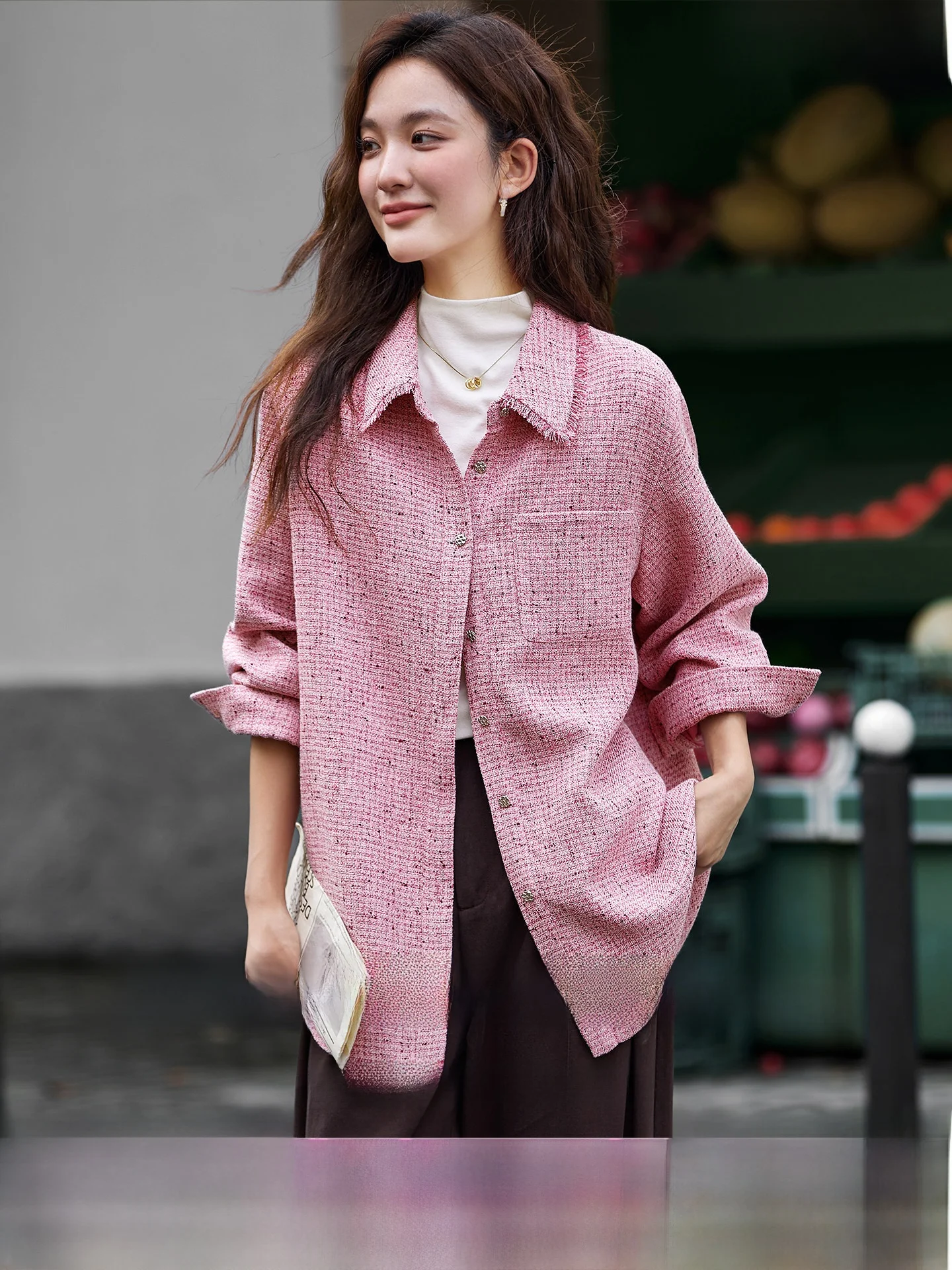 Pink Heavy Weave Cropped Coat Women's Loose Long Sleeve Shirt Spring 2026 New Style Fashionable Casual Warm Polyester Blend