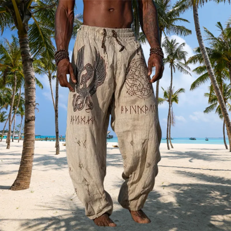 Vintage Pattern Printing Trousers Men Spring Autumn Casual Breathable Loose Pants Mens Fashion Drawstring Lace-up Beach Trousers