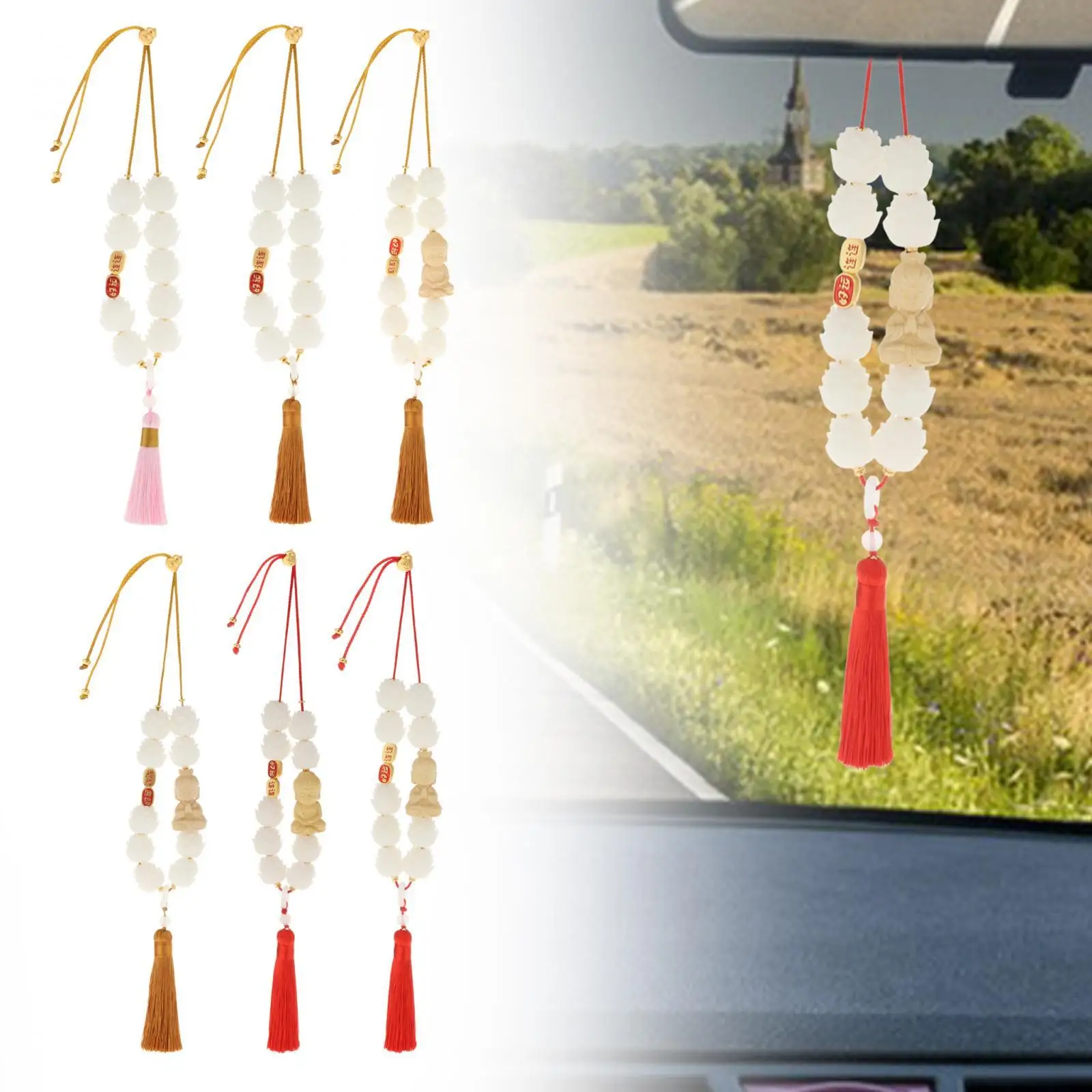 Car Rearview Pendant Resin Tassel Dangling Ornament Lotus Beads Hanging Charm Feng Shui Gift for Car Accessories and Home