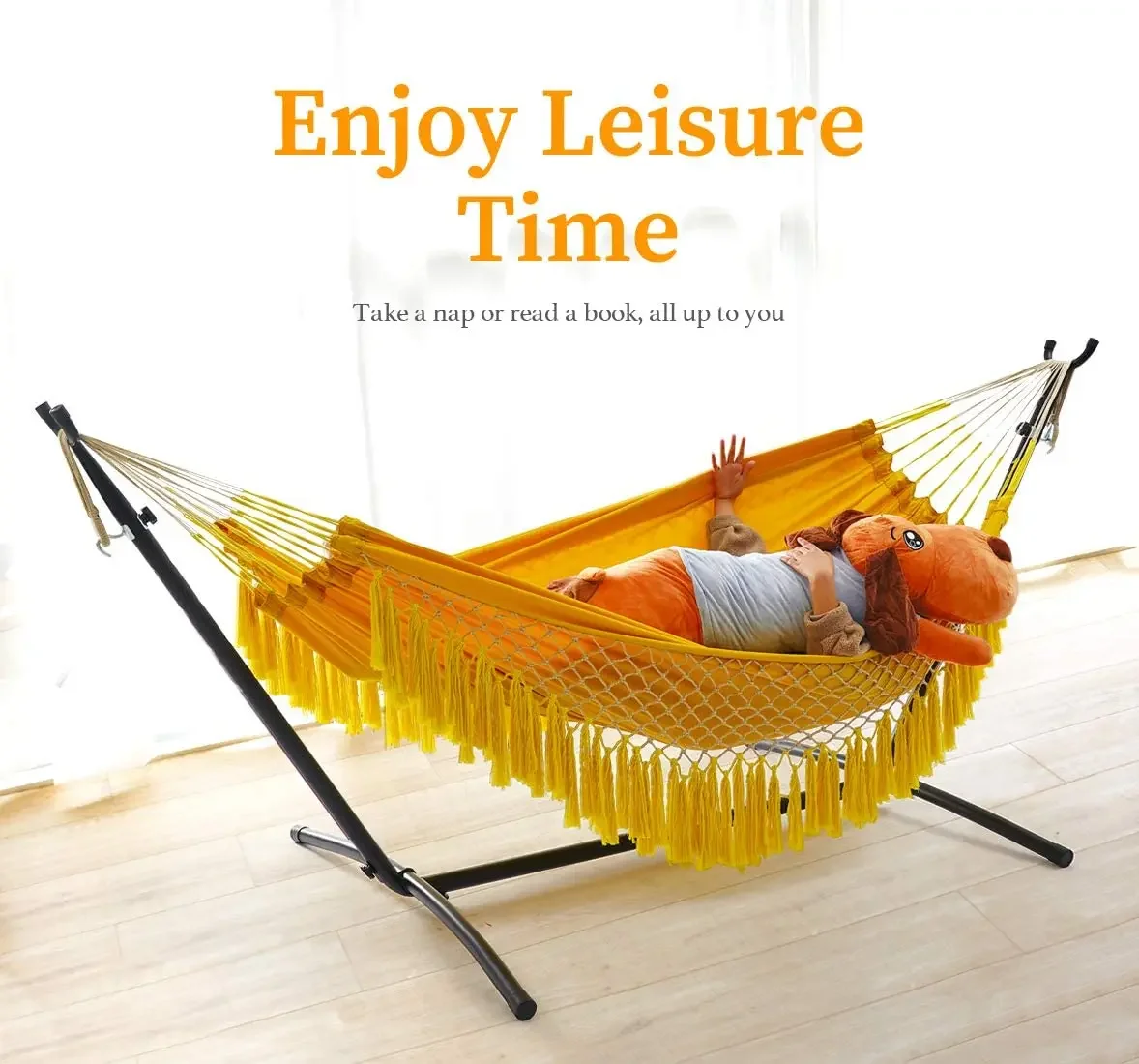 Rede dupla com suporte conjunto interior ao ar livre estilo brasileiro com borlas cama de algodão para quintal acampamento pátio com saco de transporte