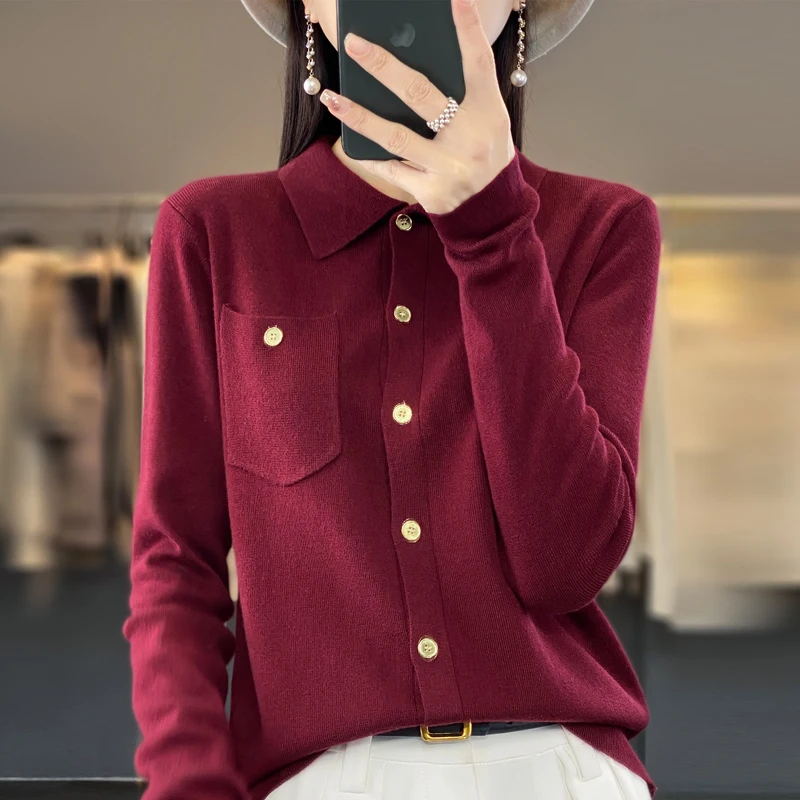 Cardigan en cachemire pour femme, pull avec col polo, nouveau, 2023