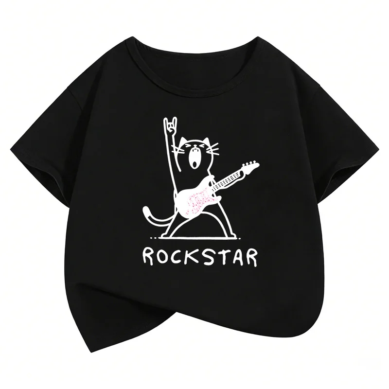 Mädchen Kurzarm Rockstar mit Musik-Katzen T-Shirts Hip-Hop Kinder T-Shirt Jungen Sommer Frühling Lässiges Oberteil Tee Shirt