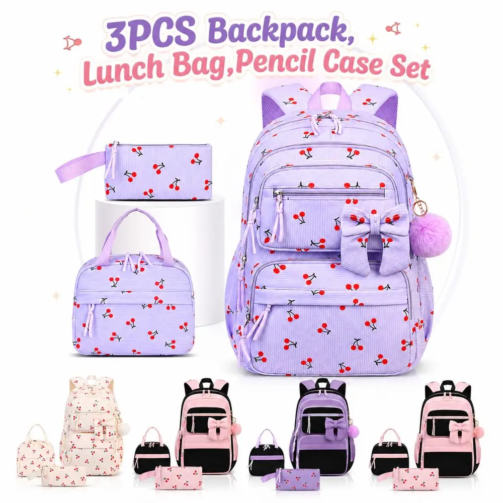 3PCS Cartoon Backpack,lunch Bag,Pencil Case Set Large Capacity Corduroy Material Bow-knot Schoolbag Set Lightweight 4Colors