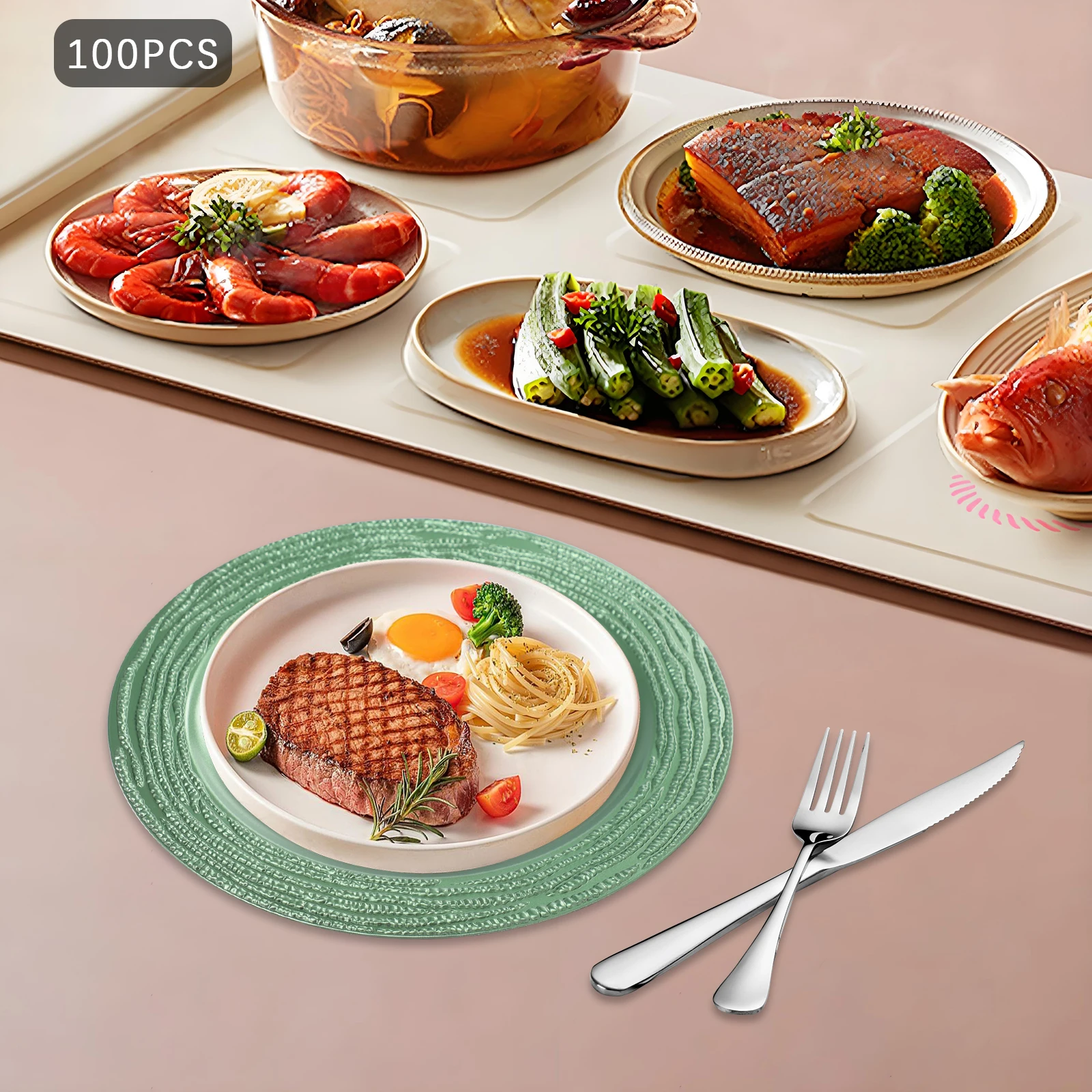 

100pcs Green PP 33cm Momordica Charantia Decorative Plate Western Dim Sum Plate Anti-scalding Dinner Plate Painted on One Side