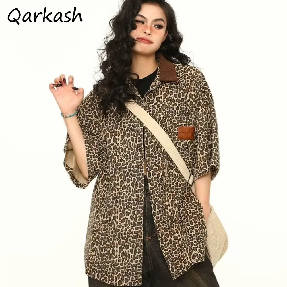 New Short Sleeve Shirts Women Leopard Print Retro Summer Oversized Loose Couple Hip Hop Street Tops American Style Fashion Chic