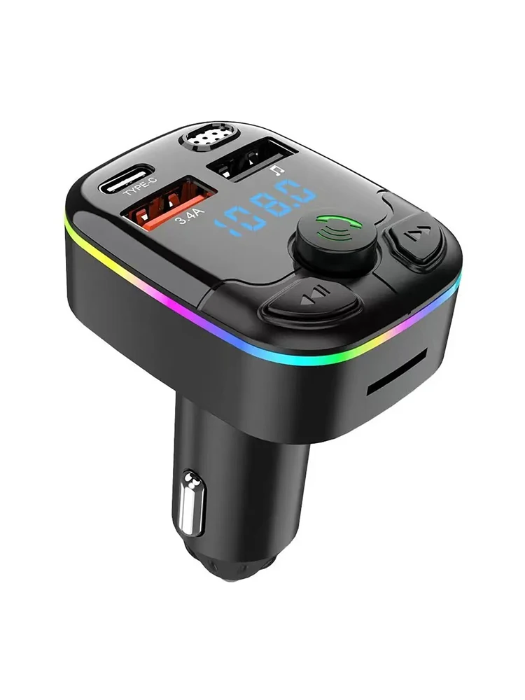 Chargeur de voiture transmetteur FM Bluetooth 5.0 PD type-c double USB lecteur ambiant mains libres chargeur MP3 type-c lumière sans fil