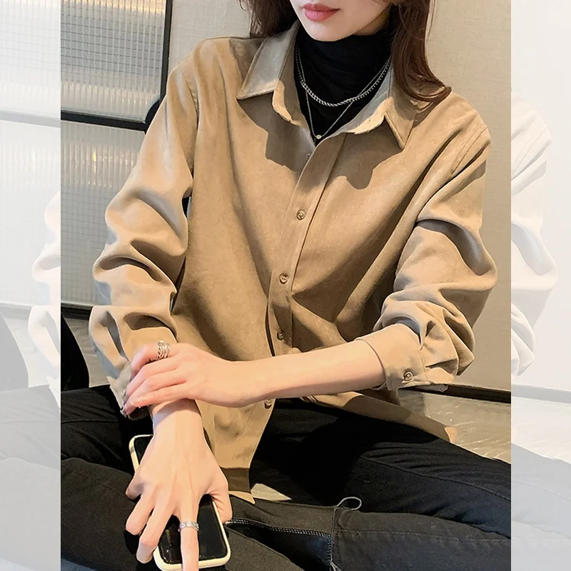 Elegant Long Sleeve Corduroy Shirt Women's Fashion Layering Versatile Autumn Winter Lazy Style Top Button up Neck