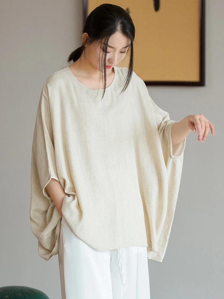 

SuperAen 2024 Summer Round Neck Pullover T-shirt Dress Bat Sleeves Cotton Linen Loose T-shirt