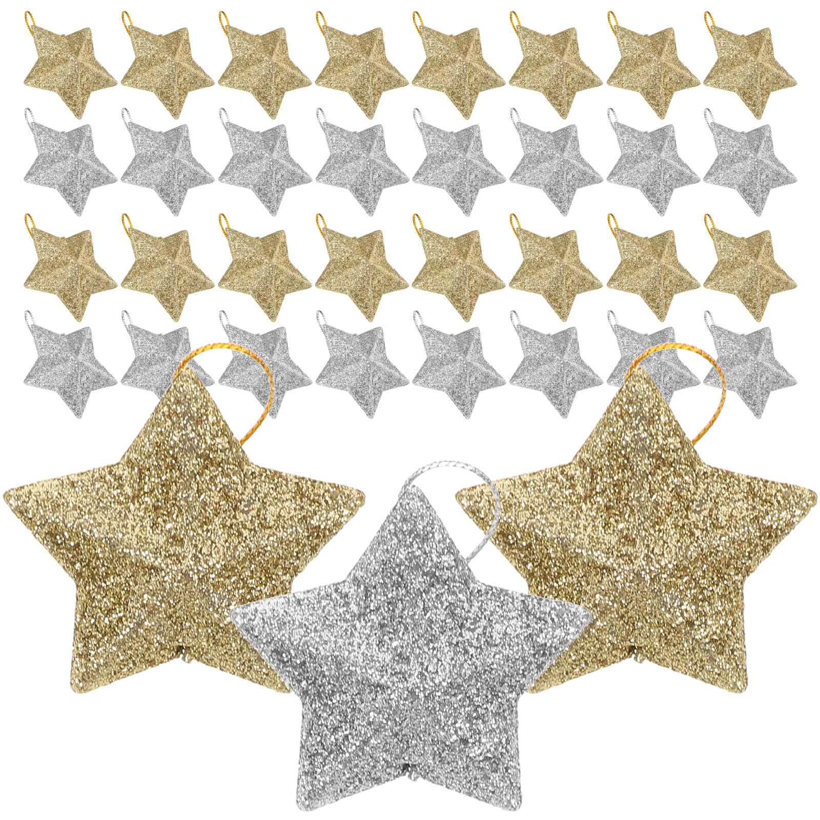 

60Pcs Christmas Glitter Star Hanging Ornaments Gold Silver Five-Pointed Xmas Tree Pendant Party Decorative Holiday Ornament