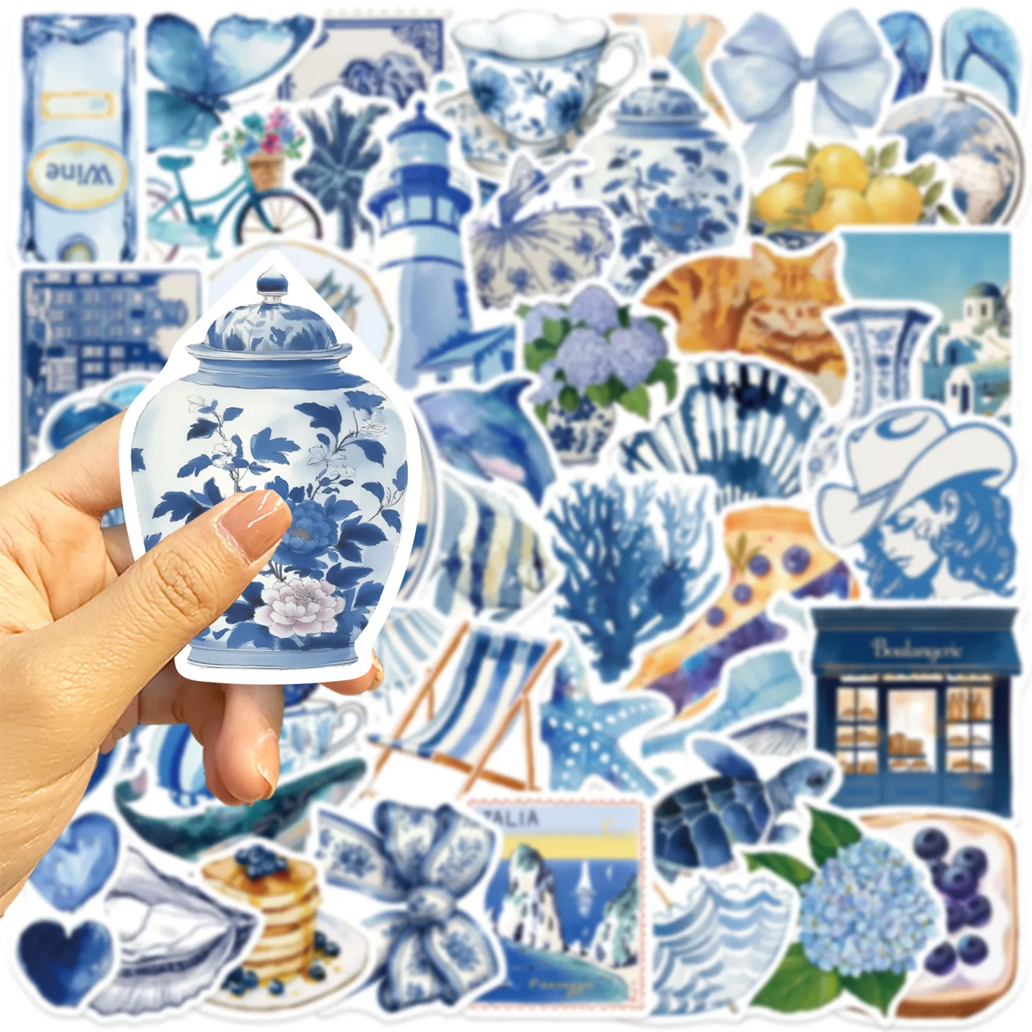 

50PCS Cute Blue Aesthetic INS Style Sticker Coastal Life Decals Waterproof Decals DIY Suitcase Skateboard Laptop INS Retro Decal