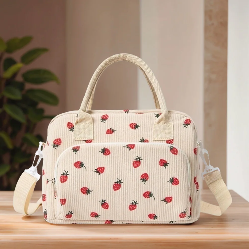 Cute Corduroy Portable Thermal Lunch Bag With Shoulder Strap Insulated Cooler Multi-Function Lunch Bag for Women Girls
