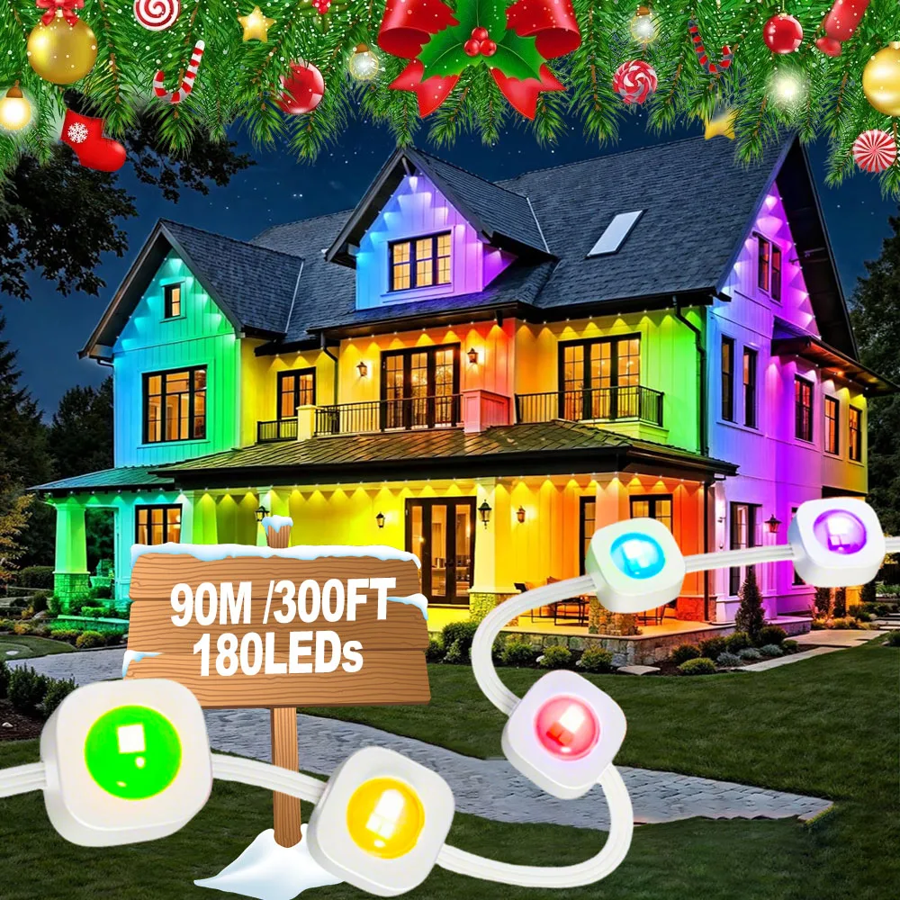 ترقية 90M 180 المصابيح أضواء عيد الميلاد الدائمة في الهواء الطلق ، 2025 أفضل هدية عيد الميلاد ، IP67 أضواء الطنف مقاوم للماء للديكور المنزل