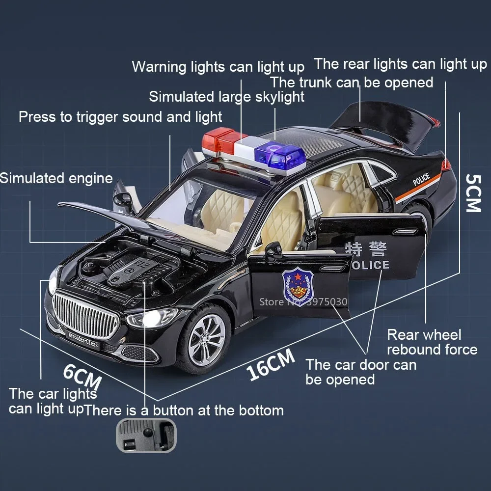 1:32 Benz S680 Miniaturmodelle Spielzeug Polizeiautos Legierung Diecast Pull Back Fahrzeuge mit Sound Licht Spielzeug für Jungen Geburtstagsgeschenke