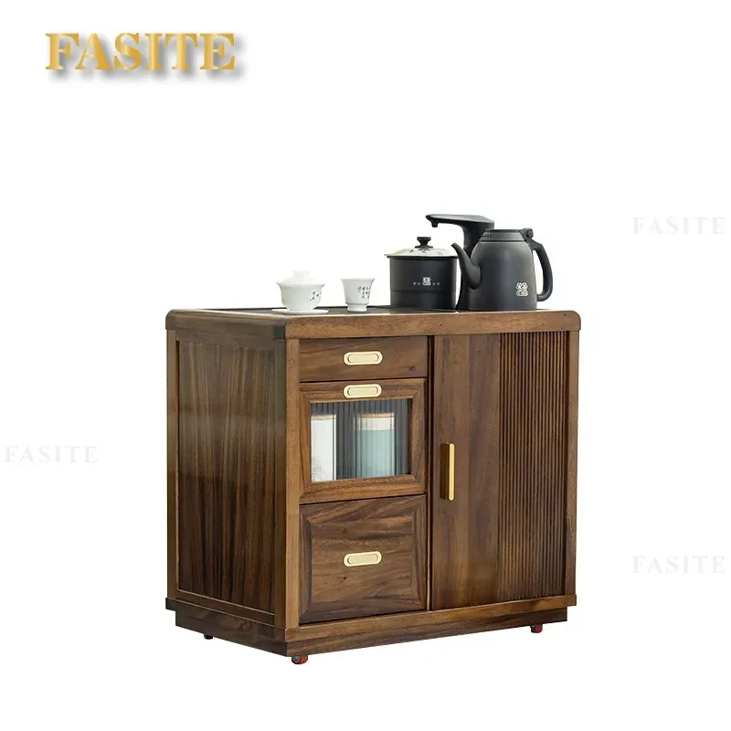 For Mobile Walnut Tea Cabinet Small Solid Wood Tea Brewing Water Table Side Cabinet with Integrated Kettle Storage for Living