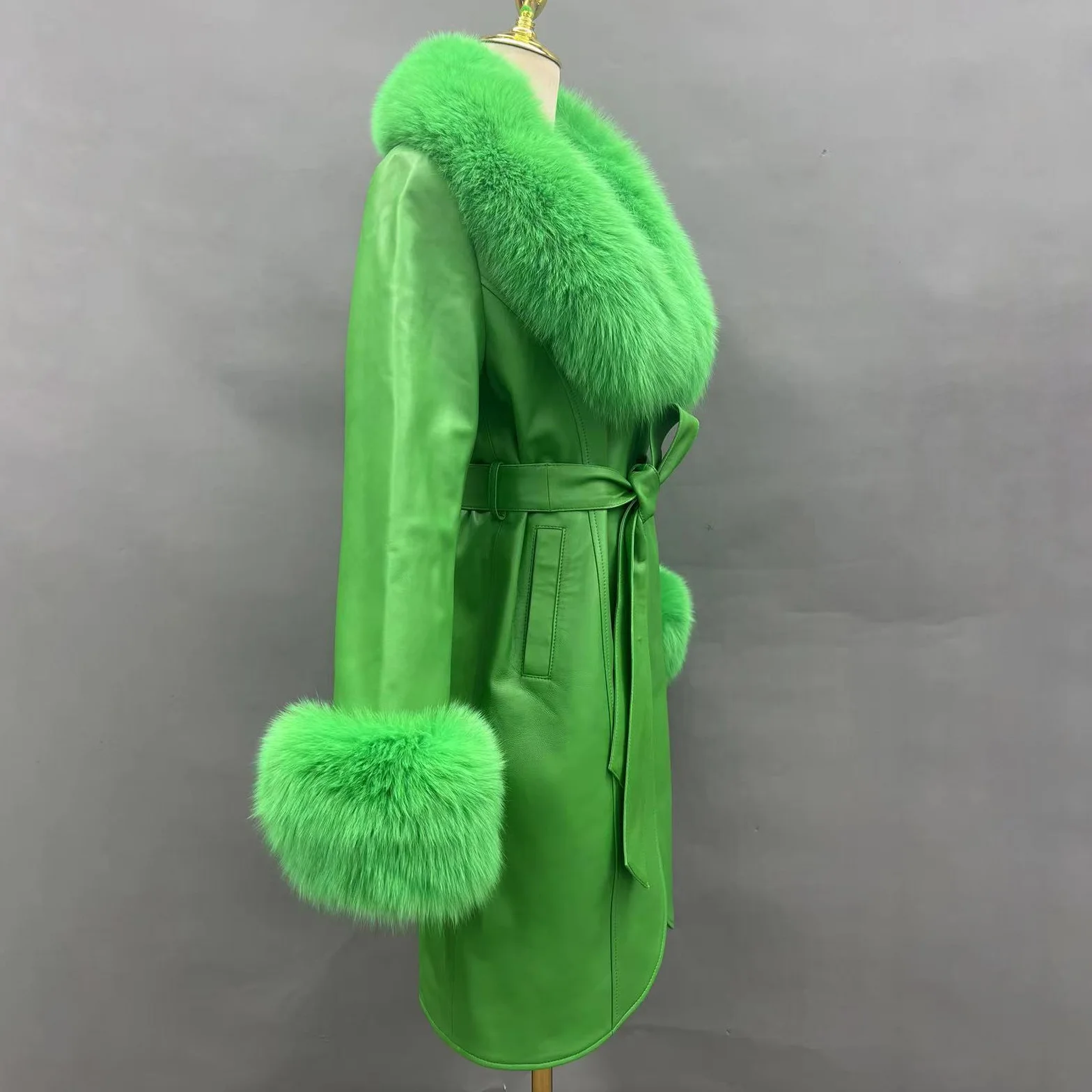 JANEFUR chaqueta de cuero genuino con cuello de piel de zorro para mujer 2023 elegante abrigo largo de piel de oveja auténtica con cinturón de lujo para mujer