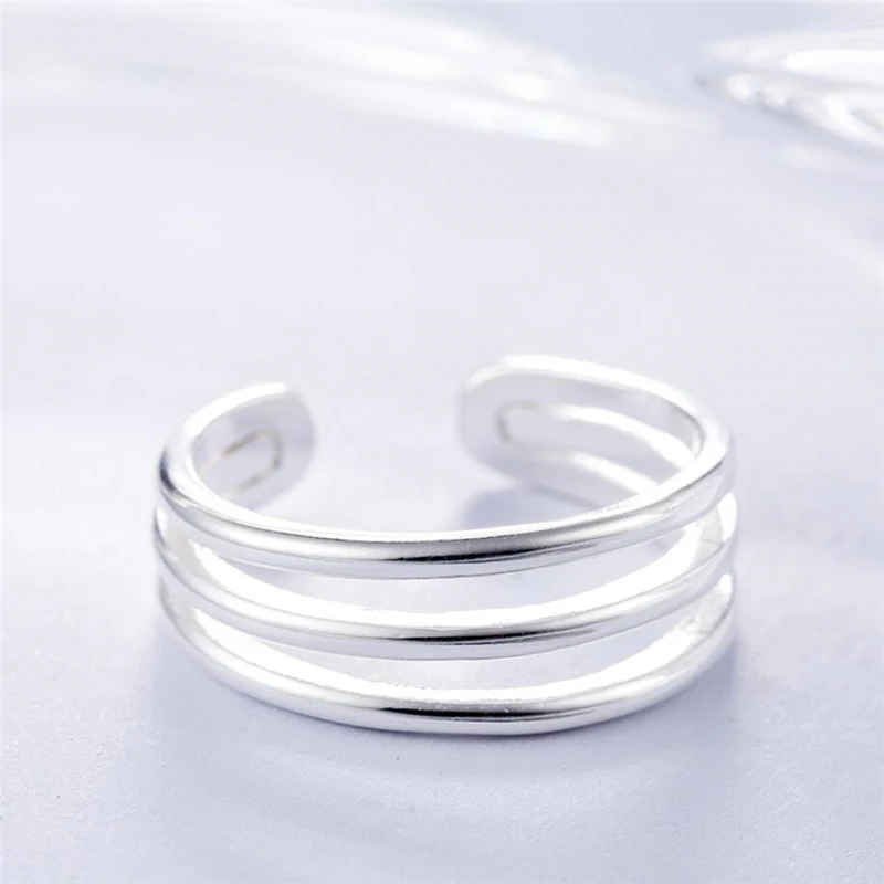 Sole Memory Geometry Cute Simple Three-tier 925 Sterling Silver Resizable Opening Ring For Women Party Birthday Gift RI335