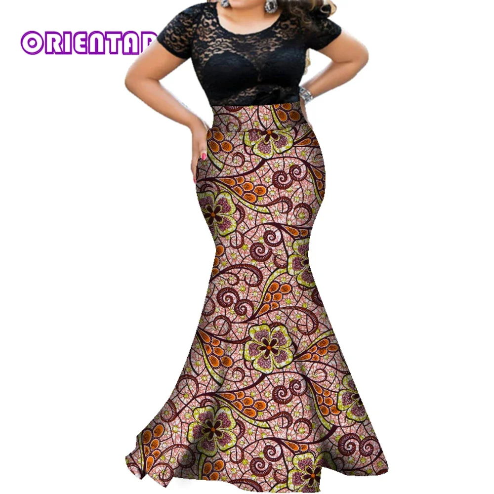 

African Skirts for Women African Print Cotton Long Mermaid Skirts Traditional Africa Clothing High Waist Women Skirts WY5609