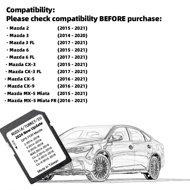 New 2024 Version Maps EU Russia Turkey Navigation SD Card for Mazda 2/3/6/CX3/CX5/CX9/MX5 Car Sat Navi 16GB GPS Update Maps Data