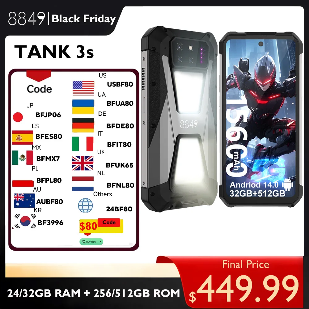 8849 Tank 3S Rugged Smartphone with Projector 5G 32GB RAM 512GB ROM 5G Dimensity 8200 Smartphone 64MP Night Vision Phone