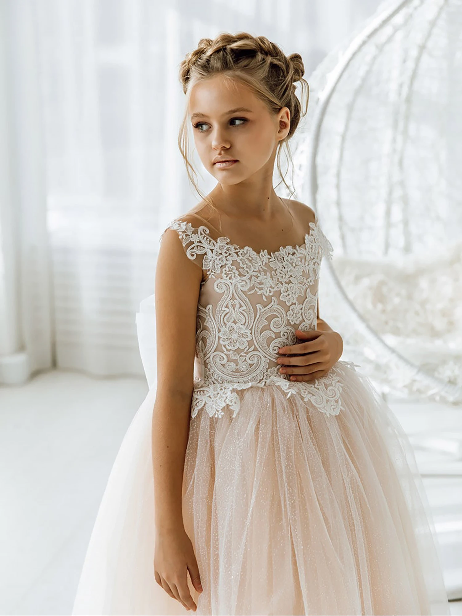 Glitter Tulle Princess Flower Girl Dresses 2022 Lace Ball Gown First Communion Dresses For Girls Robe Mariage Enfant Fille