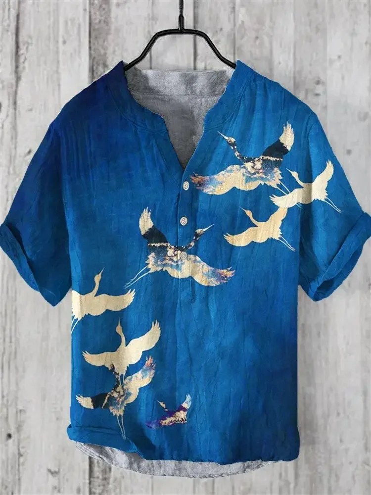 

Fairy and fluttering national style, flying crane print temperament, short sleeved shirt with V-neck and linen drape for men