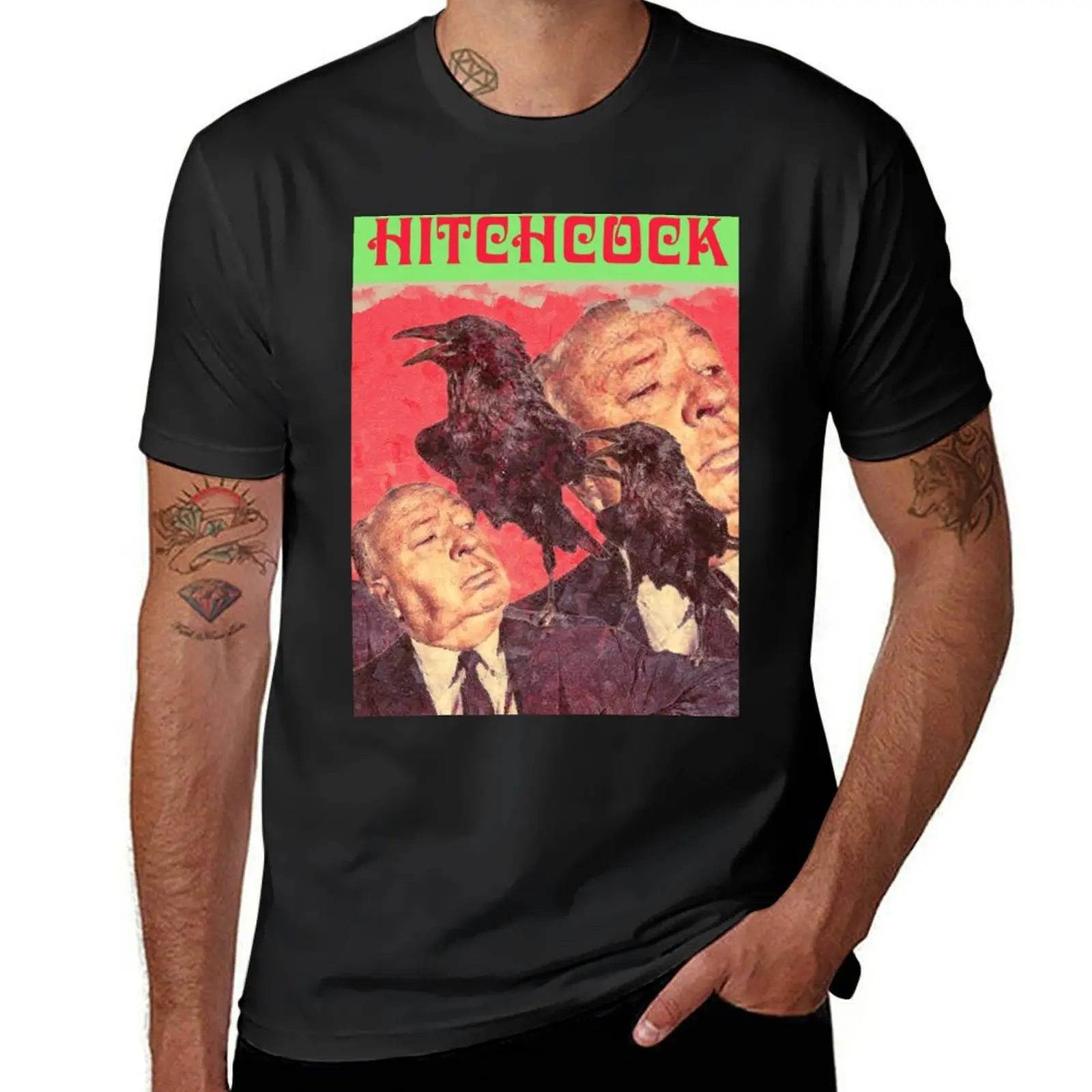 Alfred Hitchcock Portrait with Birds Dark Humor from England Officially Licensed Fan Art T-Shirt