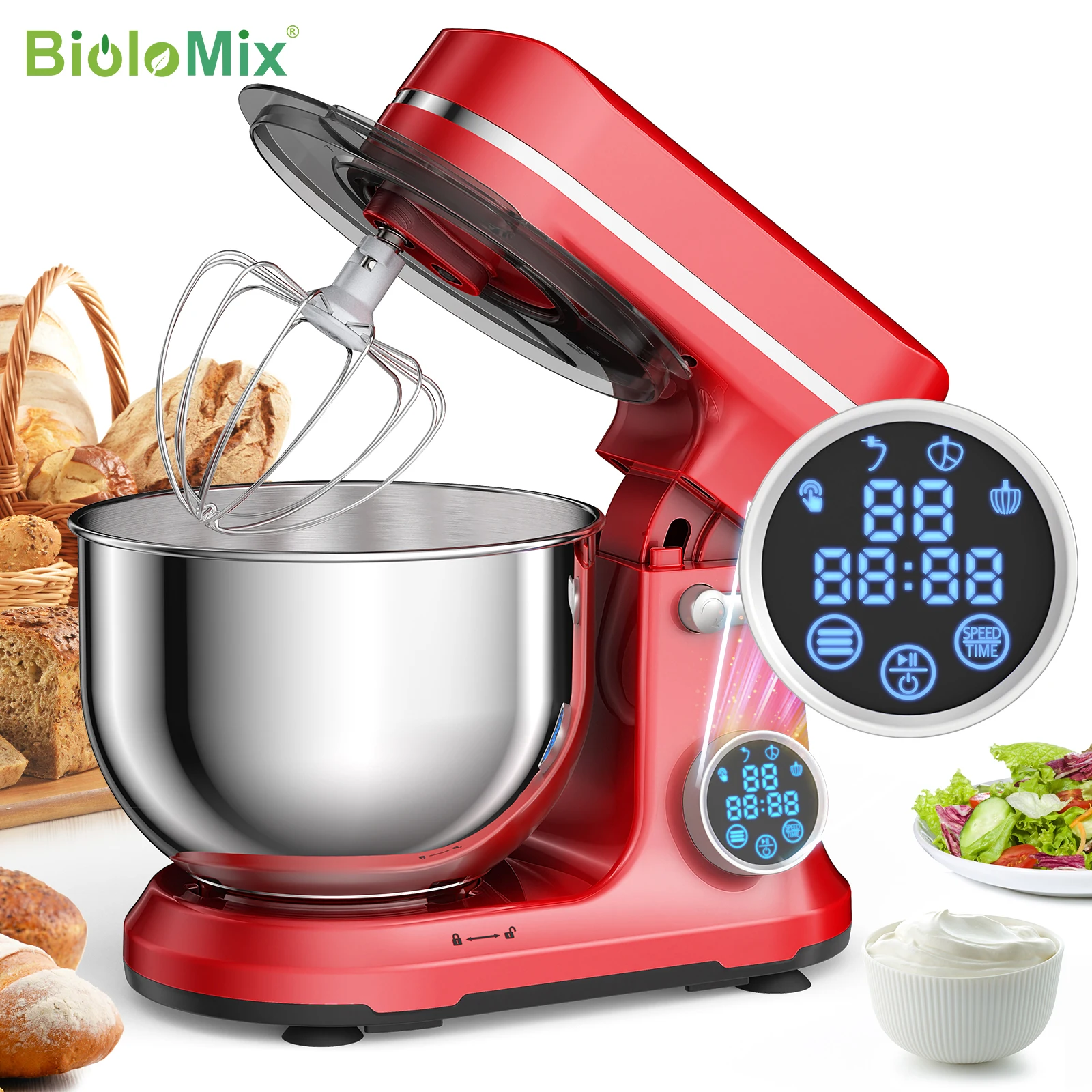 BioloMix Kitchen Food Stand Mixer, 1200W 11-Speeds DC Motor, Digital OLED Screen, Electric Food Mixer with Dough Hook, Whisk