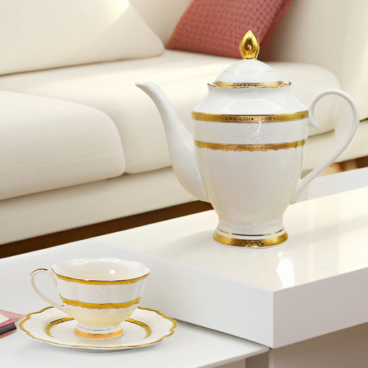 고급스러운 금색 장식이 들어간 흰색 본차이나 티 세트, - Coffee Tea And Sugar Set 리뷰 및 가격