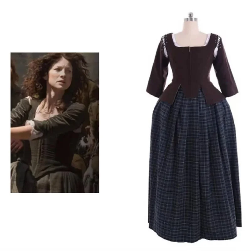 

TV Outlander Jenny Fraser Cosplay Medieval Retro Scottish Plaid Maxi Dress Women's Custom