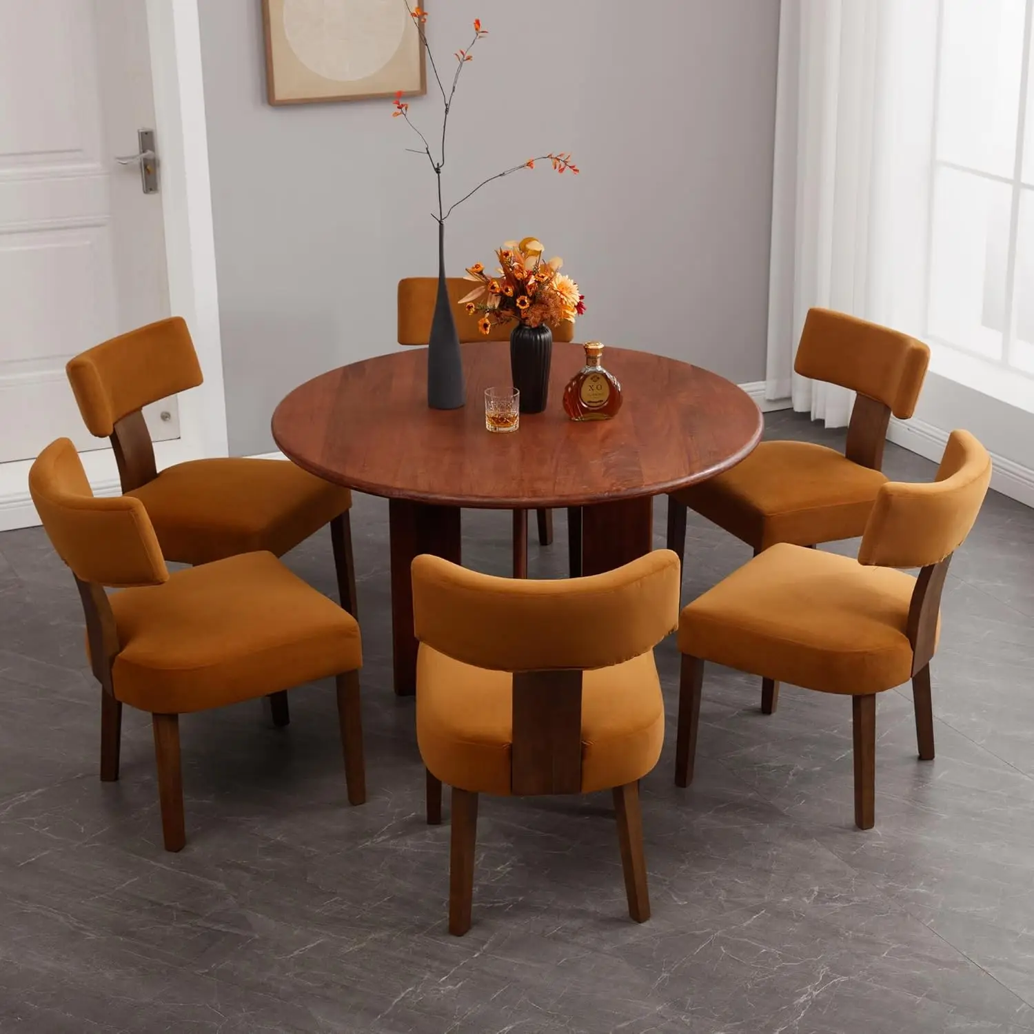 Ensemble de 6 chaises de salle à manger modernes, chaises d'appoint rembourrées confortables avec pieds en bois, chaises de salle à manger en tissu velours avec dossier à oreilles incurvé