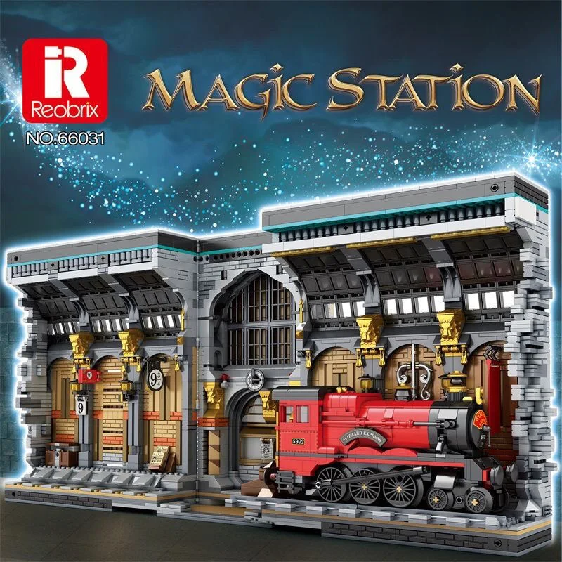 

Reobrix 66031 Train Station Magic Bookend MOC Модель Строительные блоки Креативный вид на улицу Сборка кирпичей Набор со светом Детская игрушка
