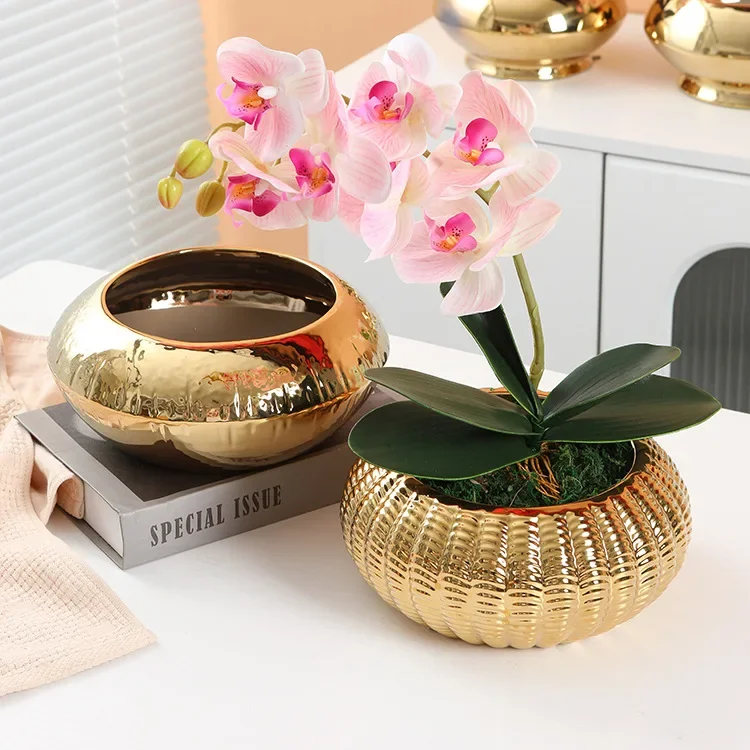 Electroplated Golden Flowerpot Large-diameter Ceramic Flowerpot Office Desktop Decoration Flowerpot Home Planting Accessories