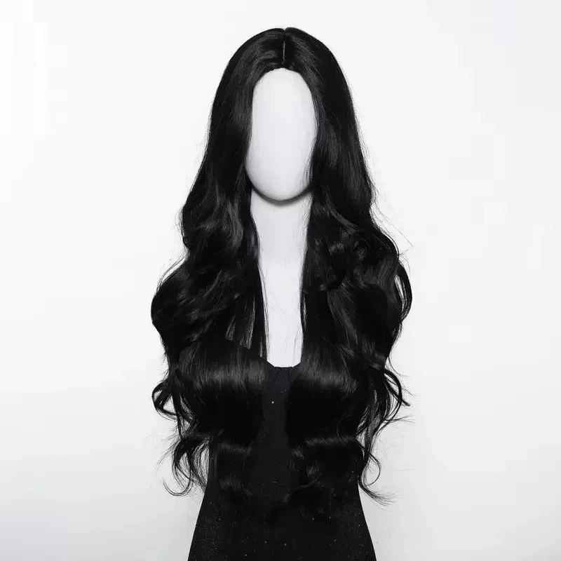 Schwarze synthetische Perücke mit geteilter, langer, gewellter Frisur für Party, Halloween-Cosplay, Alltagsgebrauch, hitzebeständiges Haaraccessoire – Detail 4