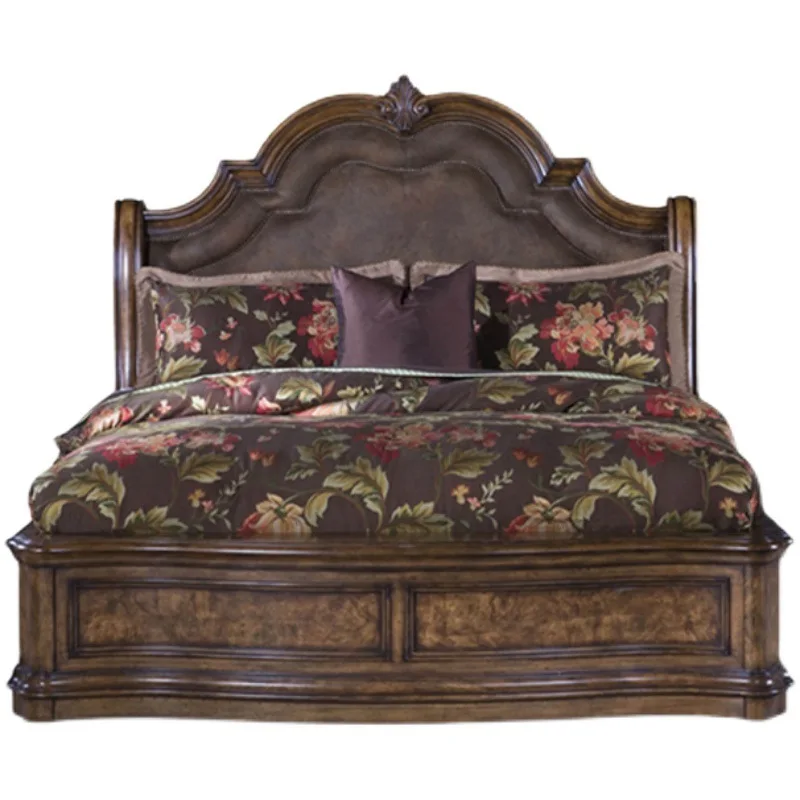 Solid Wood Double Bed American Style Country Frosted Leather Antique Carved 1.8 Meter Soft Queen Bedroom Home Furniture